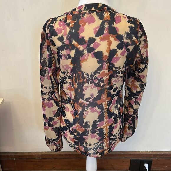 Lily White Chic Multicolor long sleeve sheer Abstract Blouse Size M EUC - Picture 5 of 9